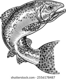 A salmon fish in a vintage antique etched woodcut style, fishing concept.