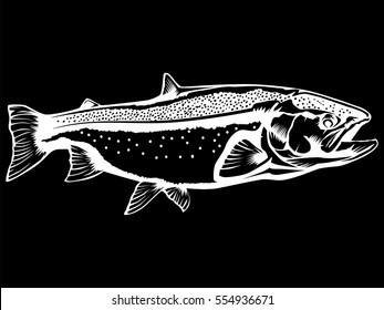 Salmon fishing emblem isolated on black vector illustration