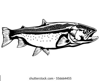 Salmon fishing emblem isolated on white vector illustration