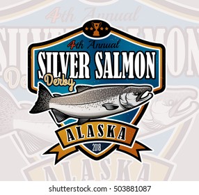 Salmon Fishing emblem, label and design elements. Vector illustration.