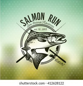 Salmon Fishing emblem on blur background. Vector illustration.