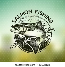 Salmon Fishing emblem on blur background. Vector illustration.