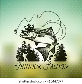 Salmon Fishing emblem on blur background. Vector illustration.