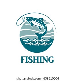 salmon fishing emblem with waves and hook