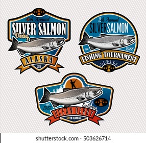  Salmon Fishing emblems, labels and design elements. Vector illustration.