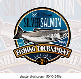 Salmon Fishing emblems, labels and design elements. Vector illustration.
