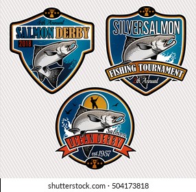 Salmon Fishing emblems, labels and design elements. Vector illustration.