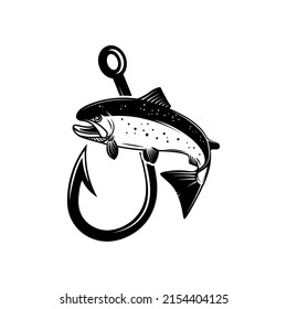 Salmon and fishing hook. Design element for emblem, sign, badge, logo. Vector illustration