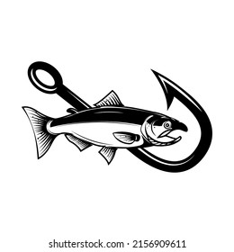 Salmon and fishing hook. Design element for emblem, sign, badge, logo. Vector illustration