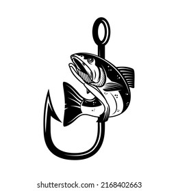 Salmón y anzuelo de pesca. Elemento de diseño para emblema, signo, insignia, logotipo. Ilustración del vector