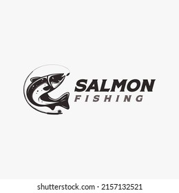 Salmon Fishing logo, jumping salmon vector design on white background