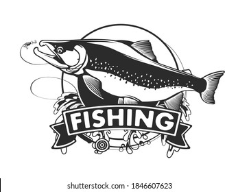 Salmon fishing  logo. Rainbow trout fish club emblem. Fishing theme illustration. Isolated on white.