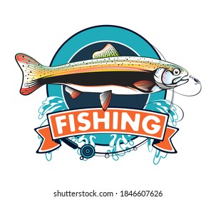 Salmon fishing  logo. Rainbow trout fish club emblem. Fishing theme illustration. Isolated on white.