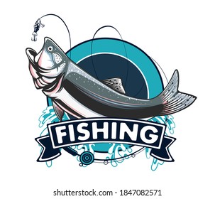 Salmon fishing  logo. Rainbow trout fish club emblem. Fishing theme illustration. Isolated on white.