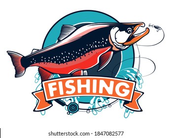 Salmon fishing  logo. Rainbow trout fish club emblem. Fishing theme illustration. Isolated on white.