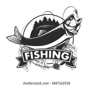 Salmon fishing  logo. Rainbow trout fish club emblem. Fishing theme illustration. Isolated on white.