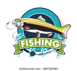 Salmon fishing  logo. Rainbow trout fish club emblem. Fishing theme illustration. Isolated on white.