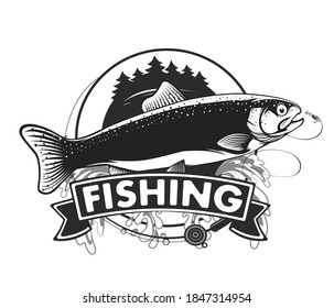 Salmon fishing  logo. Rainbow trout fish club emblem. Fishing theme illustration. Isolated on white.