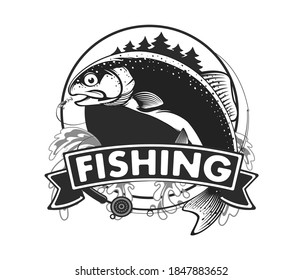 Salmon fishing  logo. Rainbow trout fish club emblem. Fishing theme illustration. Isolated on white.