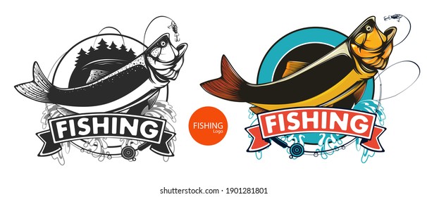 Salmon fishing  logo. Rainbow trout fish club emblem. Fishing theme illustration. Isolated on white.