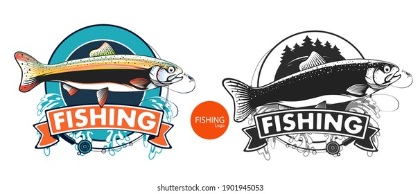 Salmon fishing  logo. Rainbow trout fish club emblem. Fishing theme illustration. Isolated on white.