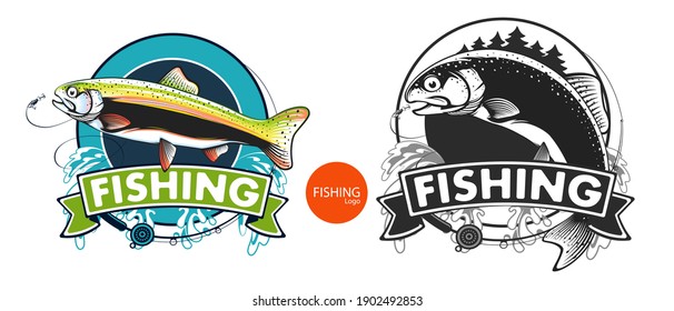 Salmon fishing  logo. Rainbow trout fish club emblem. Fishing theme illustration. Isolated on white.