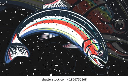 Salmon fishing  logo. Rainbow trout fish club emblem. Fishing theme illustration. Isolated on white.