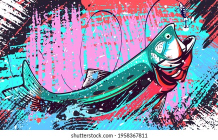 Salmon fishing  logo. Rainbow trout fish club emblem. Fishing theme illustration. Isolated on white.