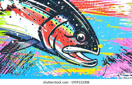 Salmon fishing  logo. Rainbow trout fish club emblem. Fishing theme illustration. Isolated on white.