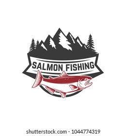 Salmon fishing. Salmon on background with mountains. Design element for logo, label, emblem, sign. Vector illustration