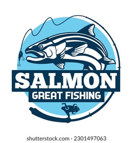 The Salmon Fishing Silhouette Logo Vector Design with Fishing Rod and Hook 