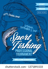 Salmon fishing, sport tournament vector poster with catched fish on hook of fishing rod. Salmon and fisherman spinning sketches, outdoor activity, recreation hobby and fisher club tournament design