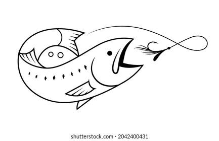 Salmon fishing symbol drawing with black lines on white, vector