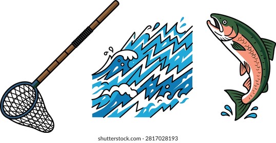 Salmon Fishing Vector Set Featuring Hand Dip Net Rushing River Water Currents and Jumping Rainbow Trout for Angling Graphic Designs.eps
