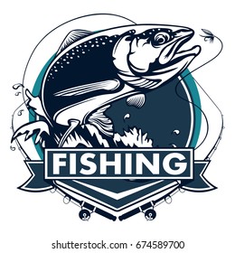 Salmon fish.Vintage Salmon Fishing emblems, labels and design elements. Vector illustration.