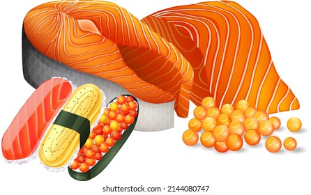 Salmon Flesh And Sushi On White Background Illustration