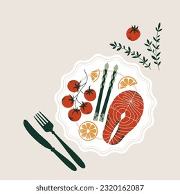 Salmon garnished with asparagus and tomatoes with lemons. Vintage textured illustration.