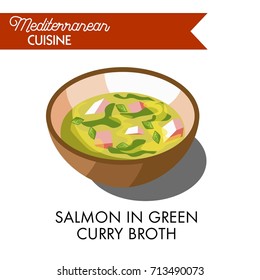 Salmon in green curry broth inside deep ceramic bowl