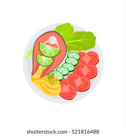 Salmon Grilled Steak And Side Of Fresh Vegetables And Mashed Potatoes Vector Illustration Of Food Cooked On Grill Cafe Menu Dish