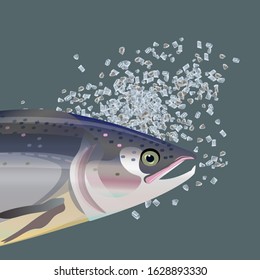 Salmon head on a background of scattered salt. Vector illustration isolated on the gray background