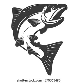 Salmon icon isolated on white background. Seafood. Design elements for menu, poster, emblem, sign. Vector monochrome illustration