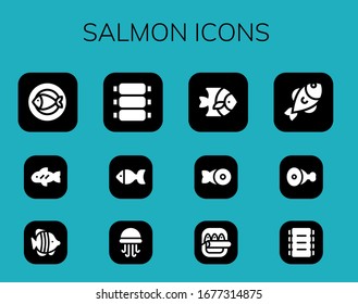 conjunto de iconos de salmón. 12 iconos de salmón rellenos.  Iconos modernos sencillos, como: Pescado, costillas, medusas, carne