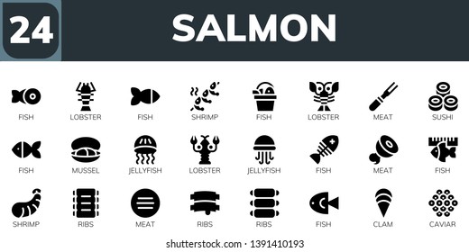 salmon icon set. 24 filled salmon icons.  Collection Of - Fish, Lobster, Shrimp, Meat, Sushi, Mussel, Jellyfish, Ribs, Clam, Caviar