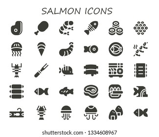salmon icon set. 30 filled salmon icons.  Simple modern icons about  - Meat, Shrimp, Fish, Sushi, Caviar, Jellyfish, Clam, Lobster, Ribs, Tuna, Onigiri