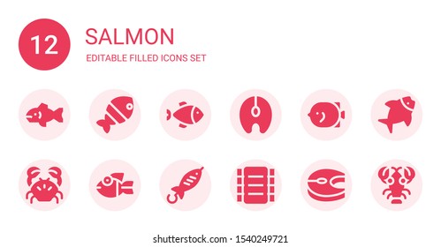 salmon icon set. Collection of 12 filled salmon icons included Fish, Salmon, Crab, Ribs, Lobster
