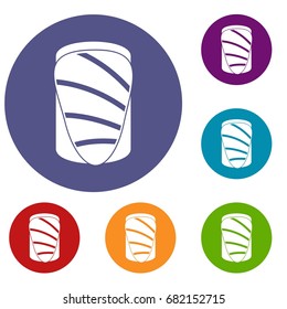 Salmon icons set in flat circle red, blue and green color for web