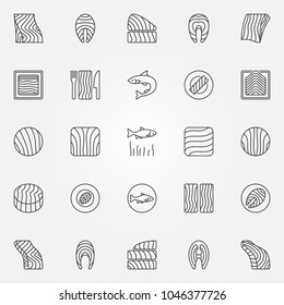 Salmon Icons Set. Vector Collection Of A Trout Or Salmon Fish Steak And Fillet Concept Outline Symbols Or Logo Elements