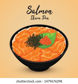 Salmon ikura don garnish with kizami nori, shiso leaves and ikura illustration on soft brown background vector.