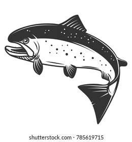Salmon illustration isolated on white background. Fishing. Seafood. Design element for logo, label, emblem, sign. Vector illustration