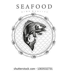Salmon in jump, in the center round fishing nets on white background. Logo for fish products or seafood in woodcut style